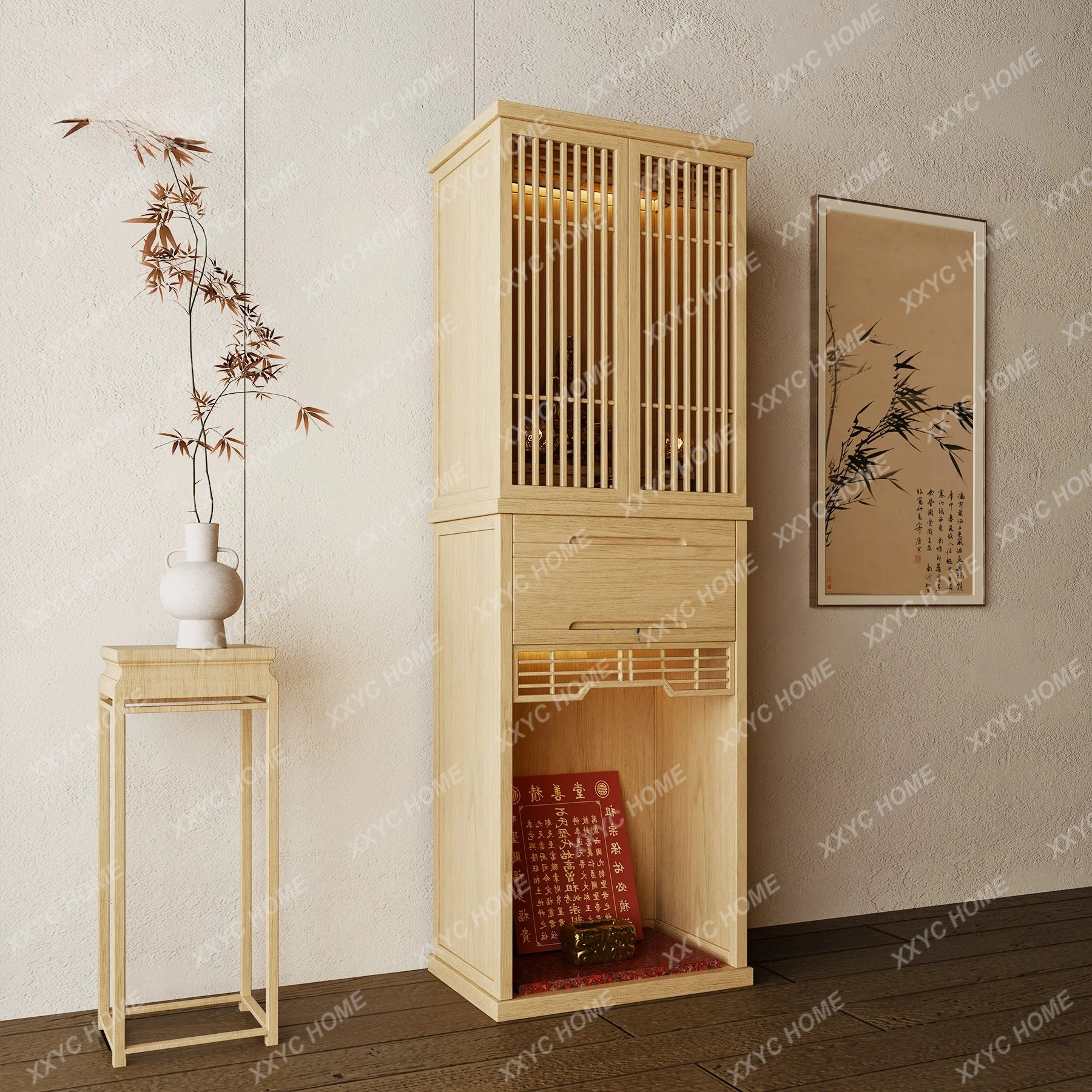 Buddha niche stand cabinet Buddha platform home table log color ribbon door God of Wealth cabinet