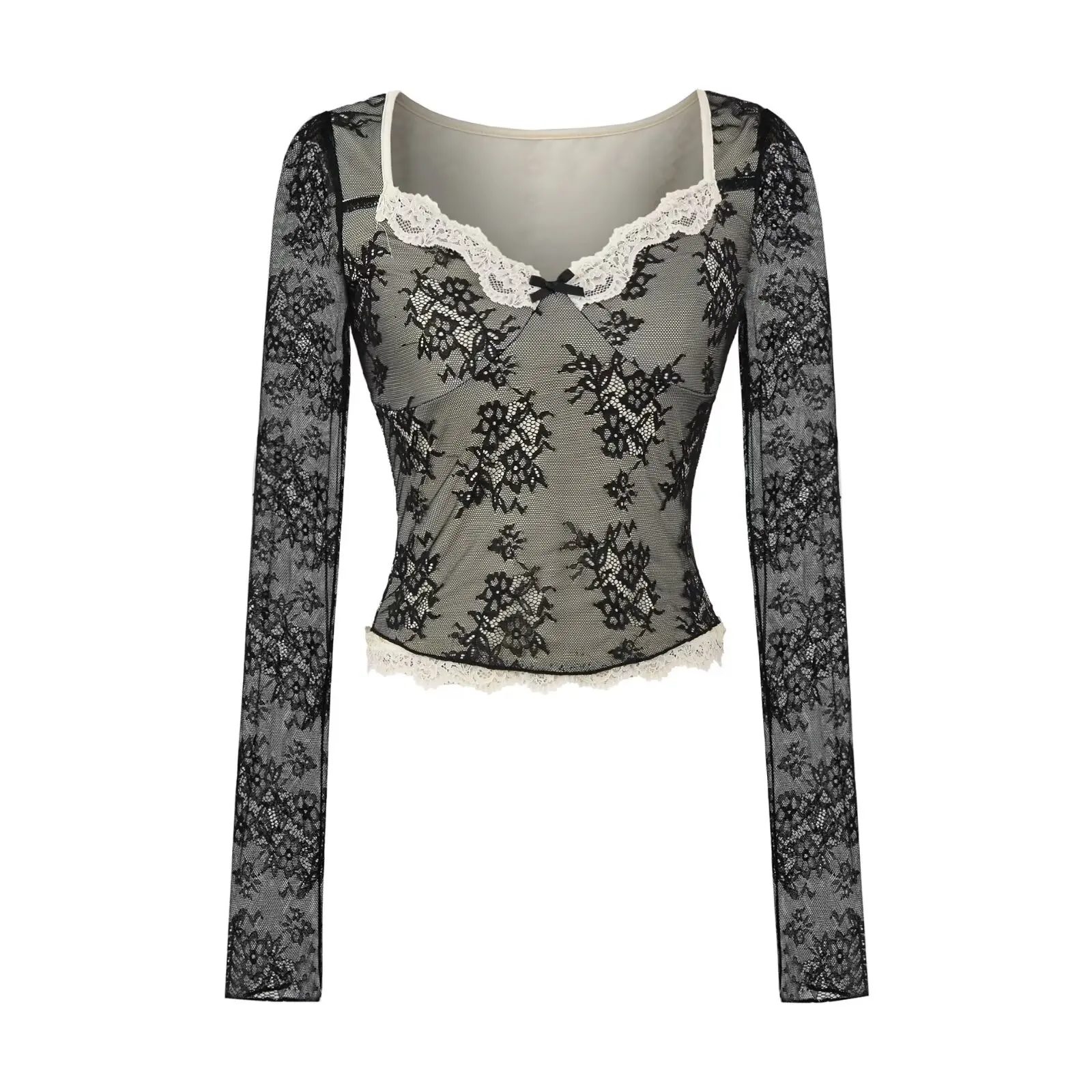 Seksowna bluzka z kwadratowym dekoltem, koronkowymi wstawkami, długim rękawem, wyszczuplająca bielizna damska, top bazowy dla seksownych dziewczyn, do noszenia na co dzień.