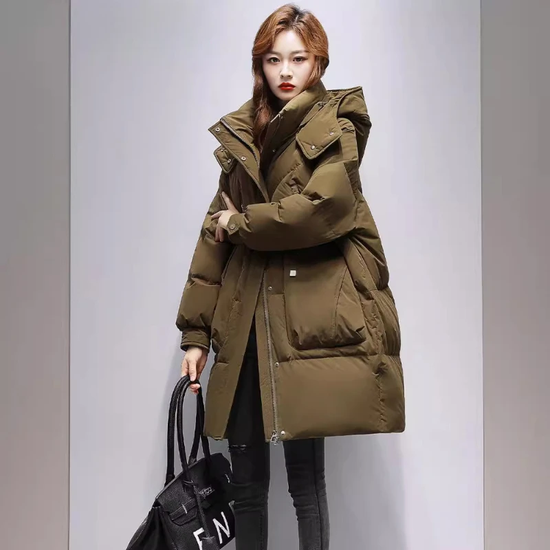 Puffer Coats with Large Pockets for Women, Mid-length Down Jackets, Thick and Warm, Windproof, Korean, Simple, Snow, Winter, New