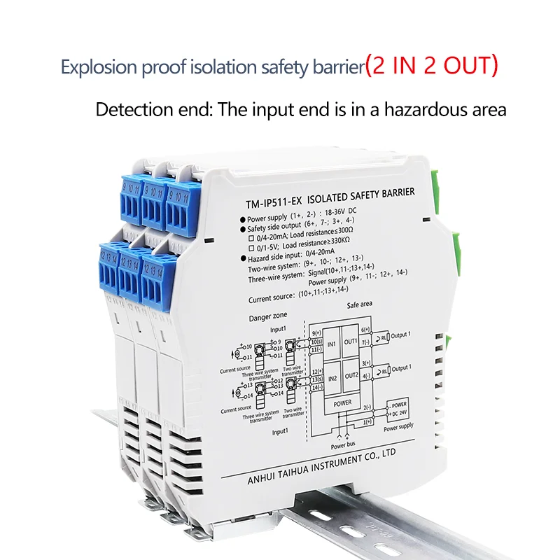 Barrera de seguridad de entrada analógica 1IN2OUT Instalación en carril DIN ignífuga intrínsecamente segura para áreas IIC de zona 0
