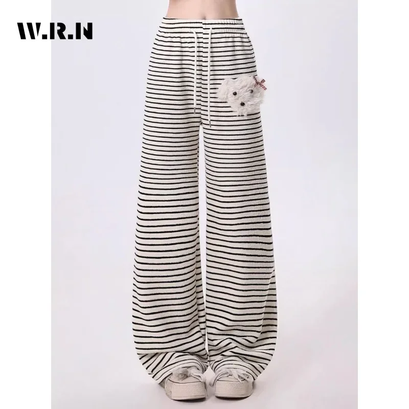 2025 Autumn Women's Casual Striped Print High Waist Wide Leg Pants Fashion Loose 3D Puppy Drawstring Full Length Trousers