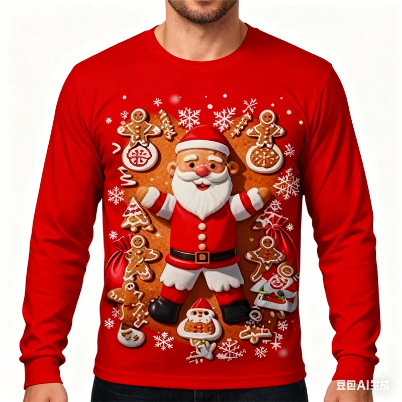 

3D X'mas Style Santa Claus Printed Men's T-shirt Funny Gingerbread Pattern Men Clothing New Year Carnival Party Long Sleeve Top