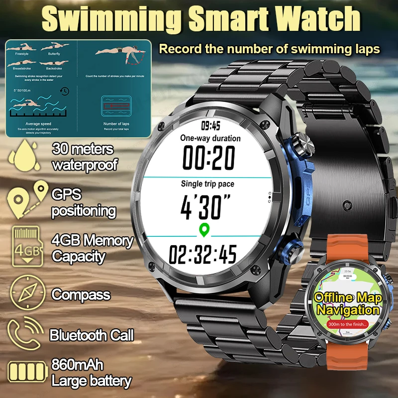 

New 30M Waterproof Swimming Sports Smart Watch Offline Map Navigation GPS Positioning Bluetooth Call Smart Bracelet For Men 2025