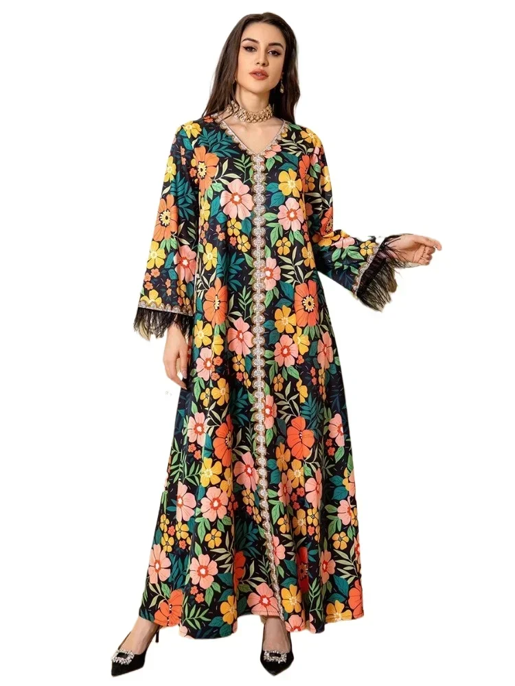 Fashion Floral Print Diamonds Feathers Long Sleeve Abaya Dubai Turkey Muslim Islam Saudi Arabia Kebaya Robe Dress