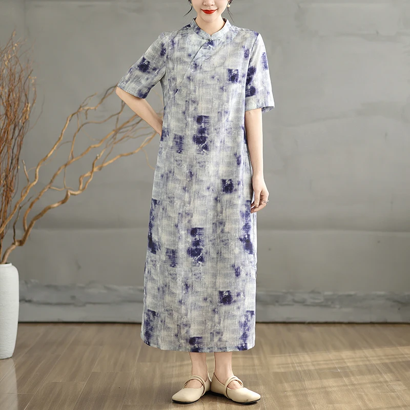 

Artistic ort-Sved Qipao Dr Women's Spring Summer Tea Costume round Neline High Waist Cotton Printed Skirt