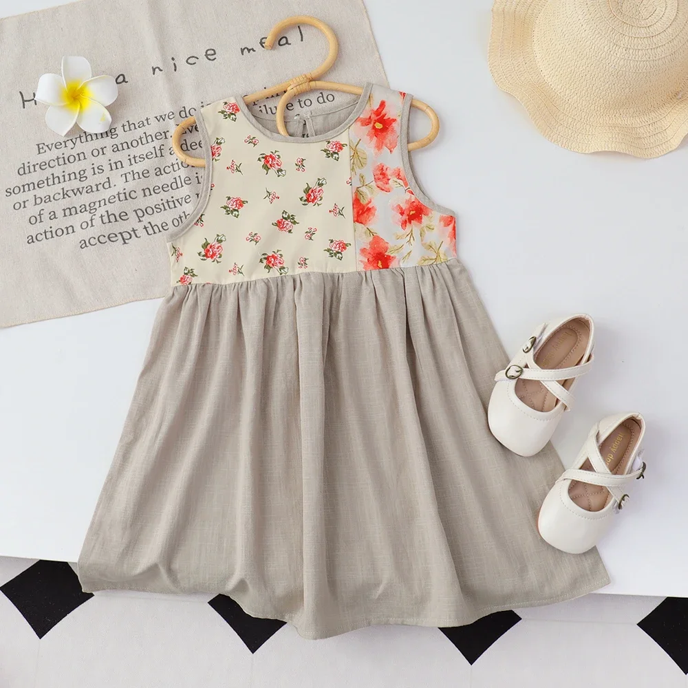 Summer Promotion Round Neck Sleeveless Floral Print Casual Dress for Girls Aged 3-7 for Daily Wear