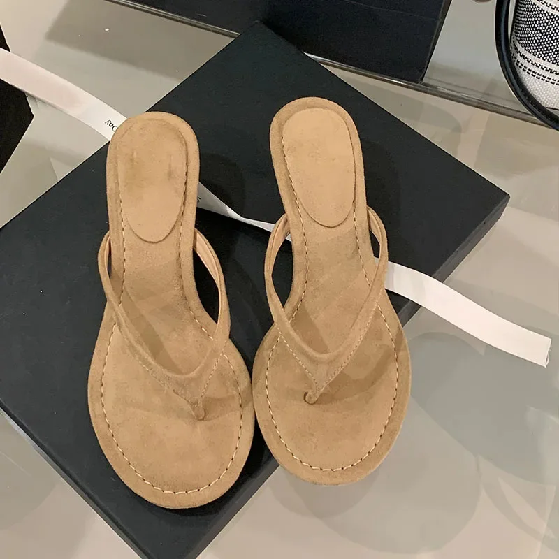 Brand Suede Fashion Slippers For Women Luxury Simple Round Toe Stiletto Mid-heel Versatile New Stiletto Summer Elegant Flip-flop image 5