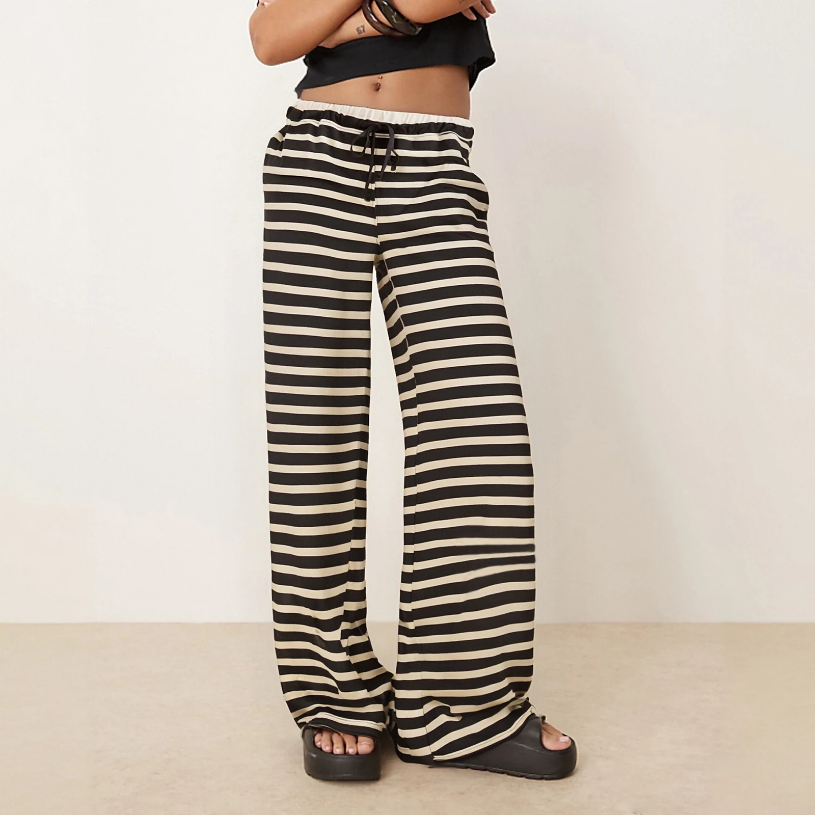 سراويل نسائية مخططة واسعة الساق عصرية كاجوال فضفاضة تناسب الرباط منخفضة الخصر مع جيوب