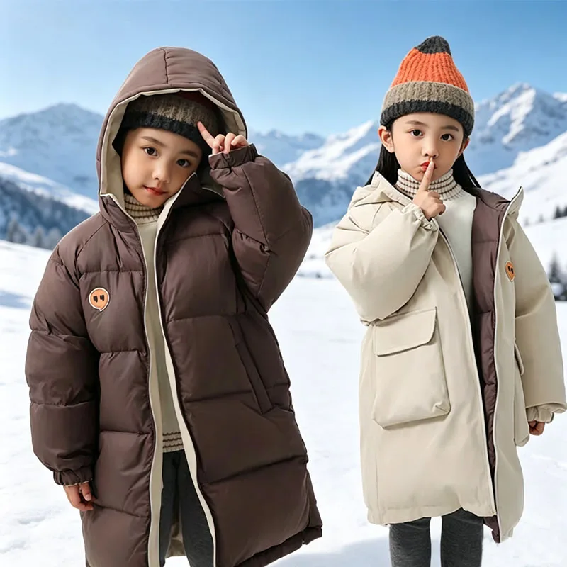 Winter Kids Thickened Coats Boys Girls Mid-Length Down Jackets -20° Children Warm Reversible Warm Outerwear New Hooded Clothing