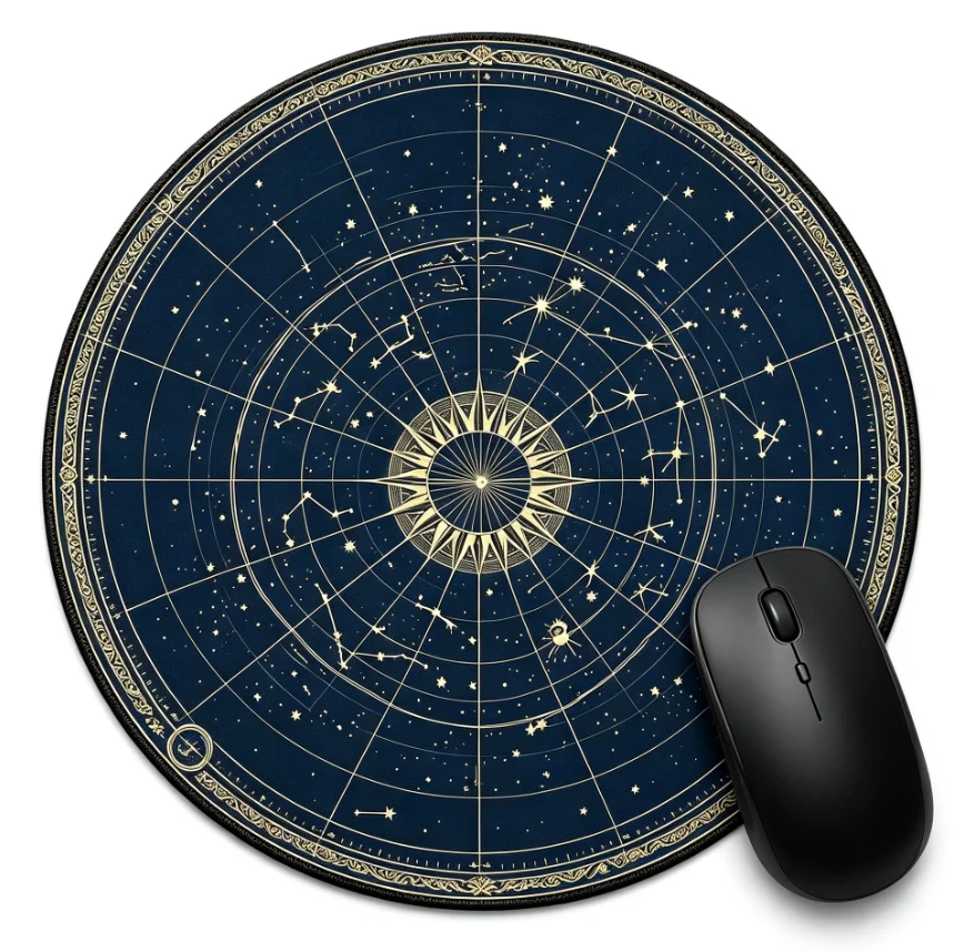 Vintage Golden Zodiac Star Chart Round Mouse Pad Anti‑Slip Rubber Desk Mat Astrology Lover Office Decor Gift