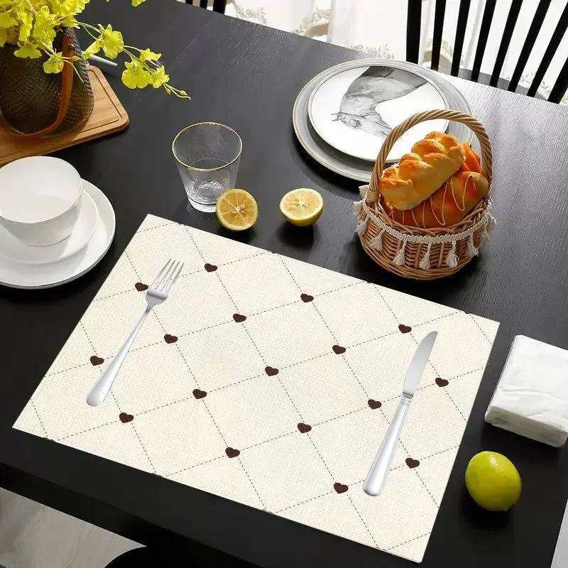 VIKAMA Christmas Placemat Cream Brown Hearts Dotted Plaid, Waterproof Oil-Proof Heat-Resistant Dining Table Mat for Holiday