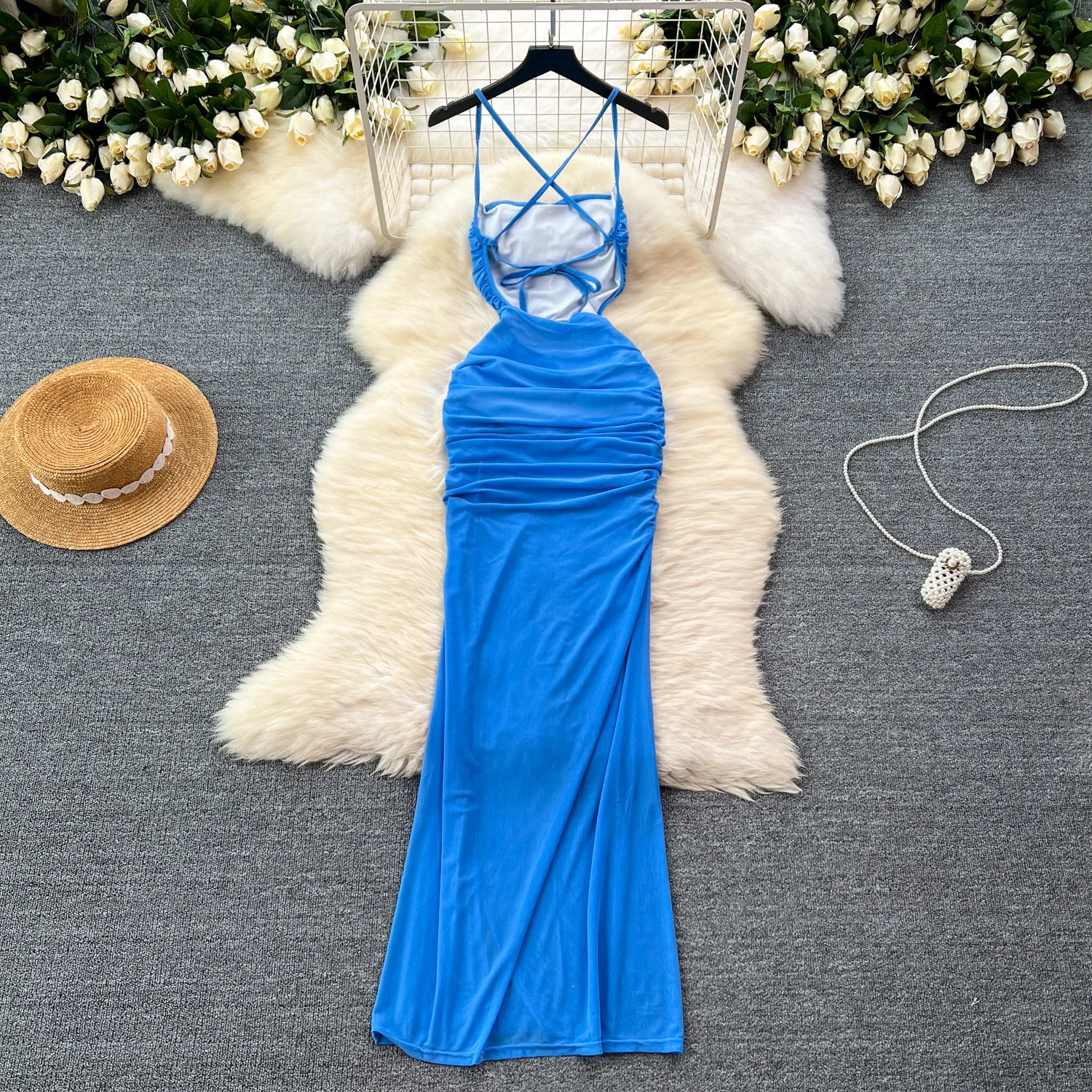 Chic sexy Sleeveless Backless Pleated Split Slip Dress Slim High Waist Evening Women Black Pencil Dresses Women Summer Clothing
