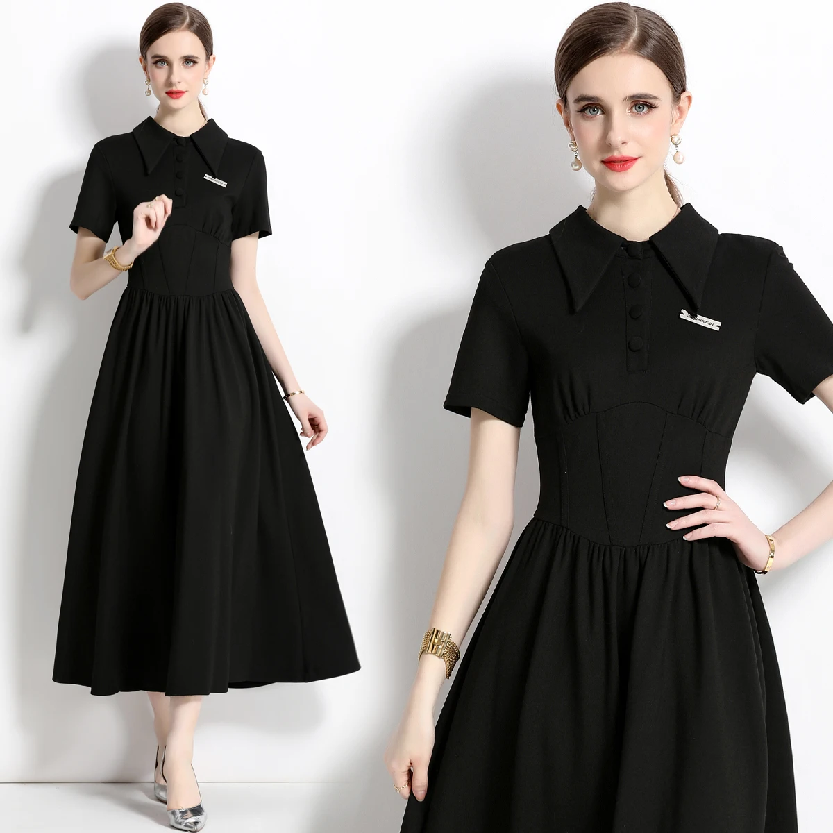 

Flip collar patchwork black dress, light cooked French style waist length skirt, children's HL81330106