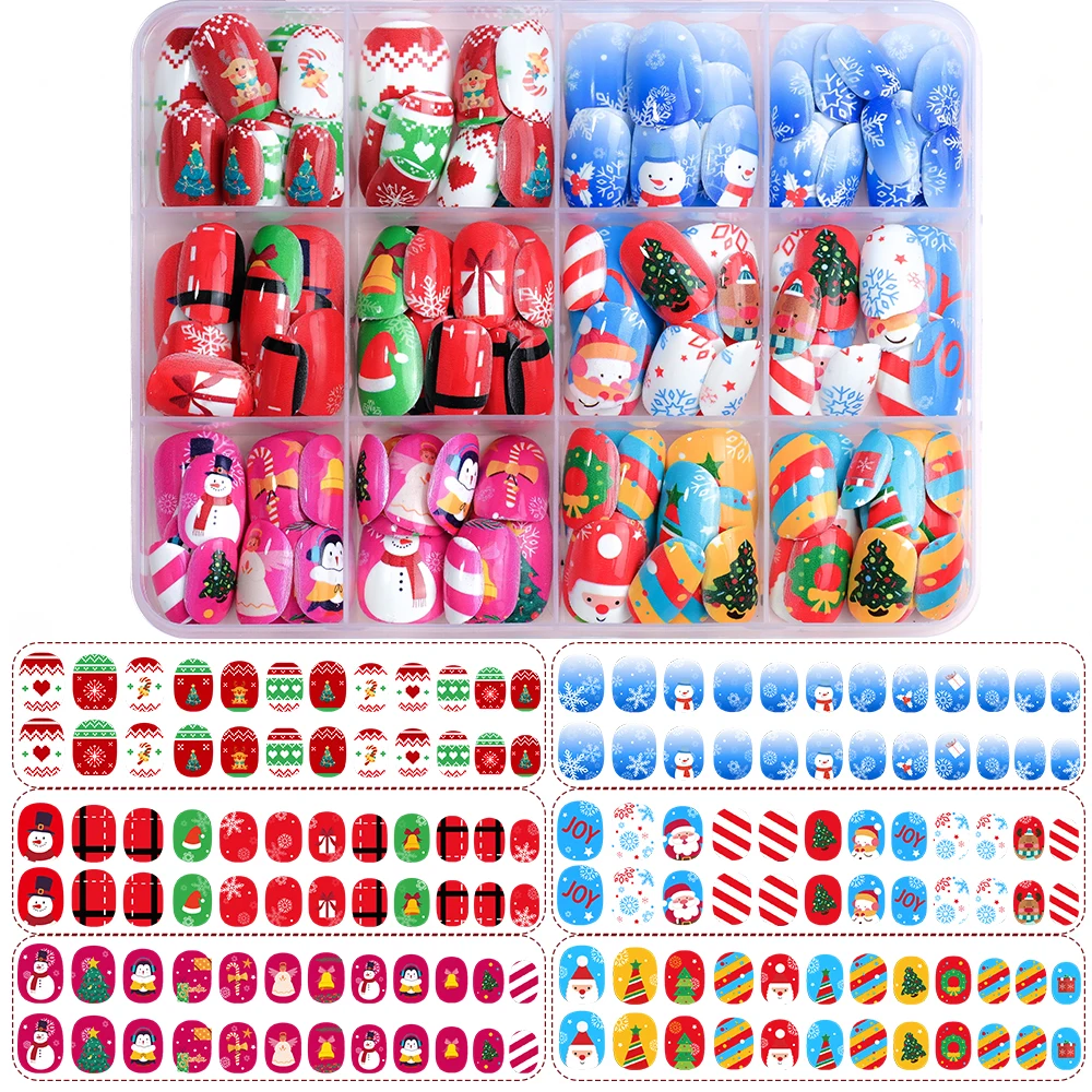 144Pcs/Box Kids Girl Christmas Press on Nails Cartoon Santa Claus Snowflake False Nail Tips Children Short Artificial Fake Nails