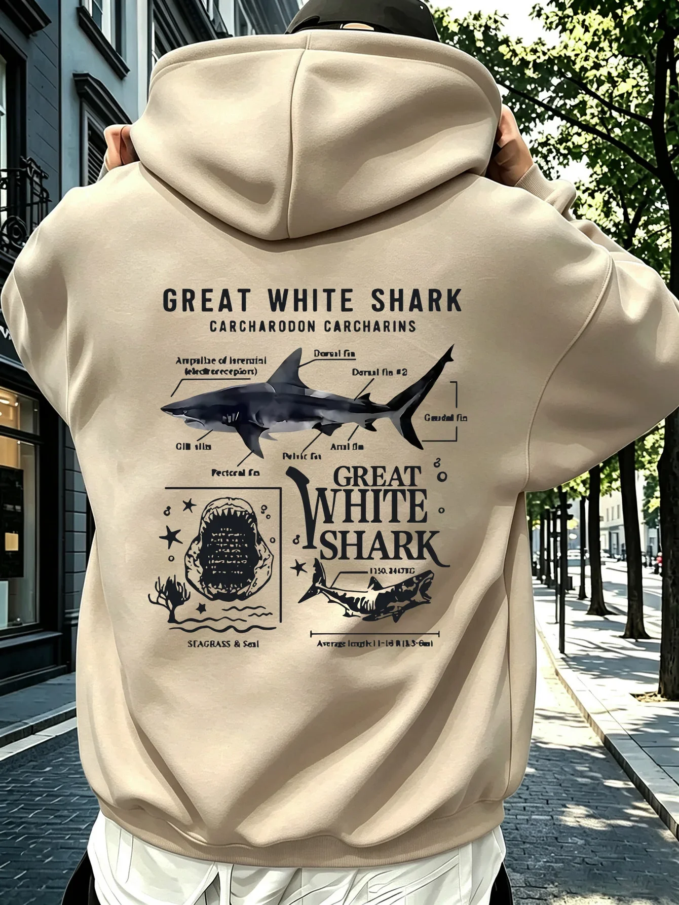 Men’s Great White Shark Hoodie Anatomical Ocean Graphic Print Autumn Winter Fleece Oversized Streetwear Pullover Sweatshirt