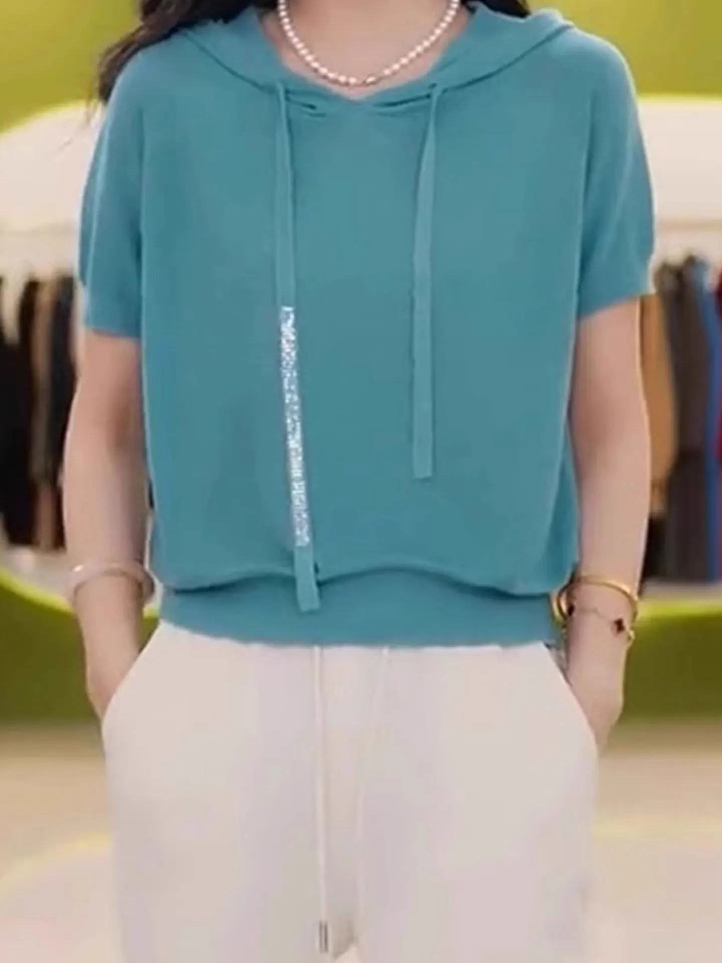 

Ele Korean Sle Loose Fit ort Sve Dstring Hoodie Knitted Top Skin-friendly Summer Casual Wear for Young Women