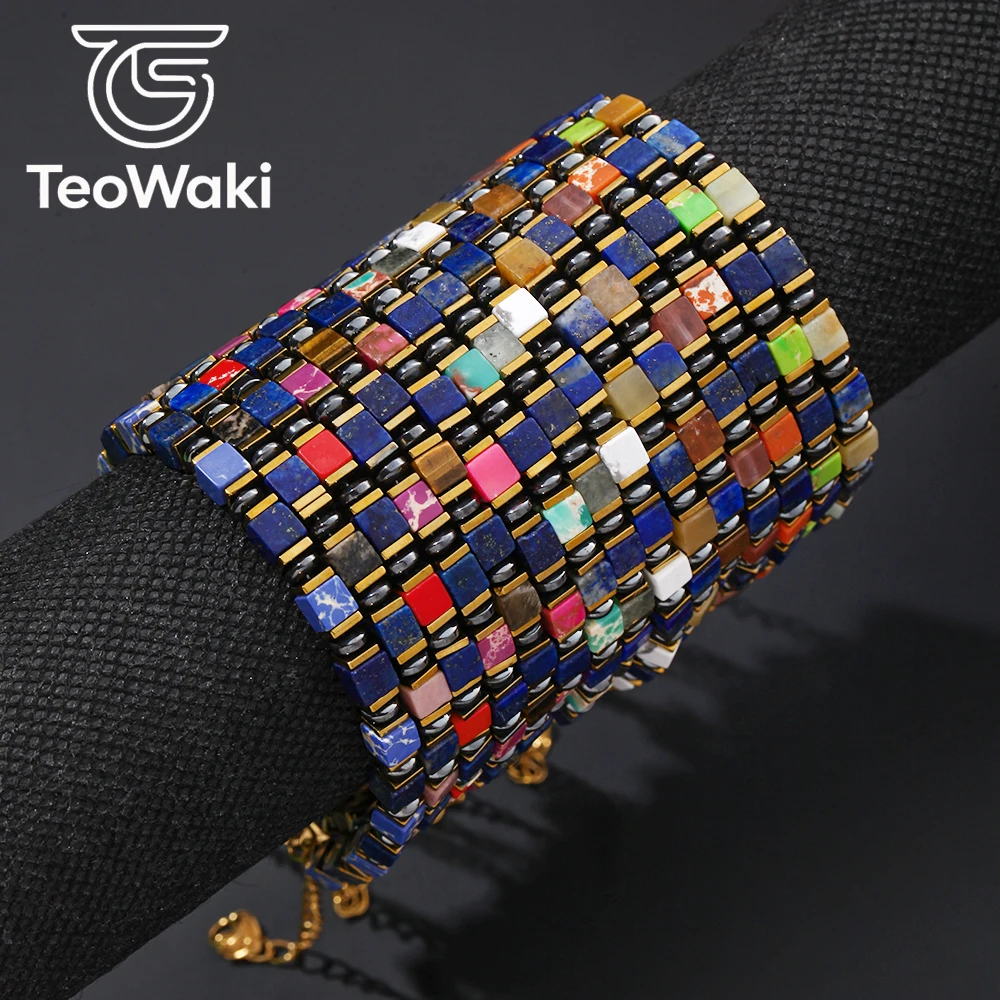 TeoWaki Natural Square 4mm Lapis & Imperial Stone Bracelet Adjustable Golden Plated Jewelry for Women Men Daily Wear Gift 17+5cm