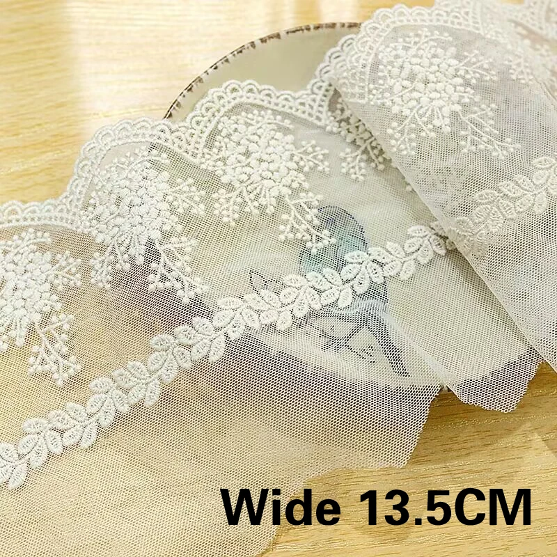 13.5CM Wide White And Apricot Color Mesh Material Cotton Embroidered Flowers Lace Trimmings Garment  DIY Sewing Accessories