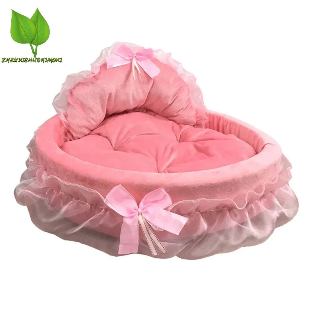 3D Fantasy Bow Lace Pet Bed for Dogs Romantic Detachable Oval Princess Pet Bed Dog Soft Sofa Nest Pet Wedding Furniture 1pc