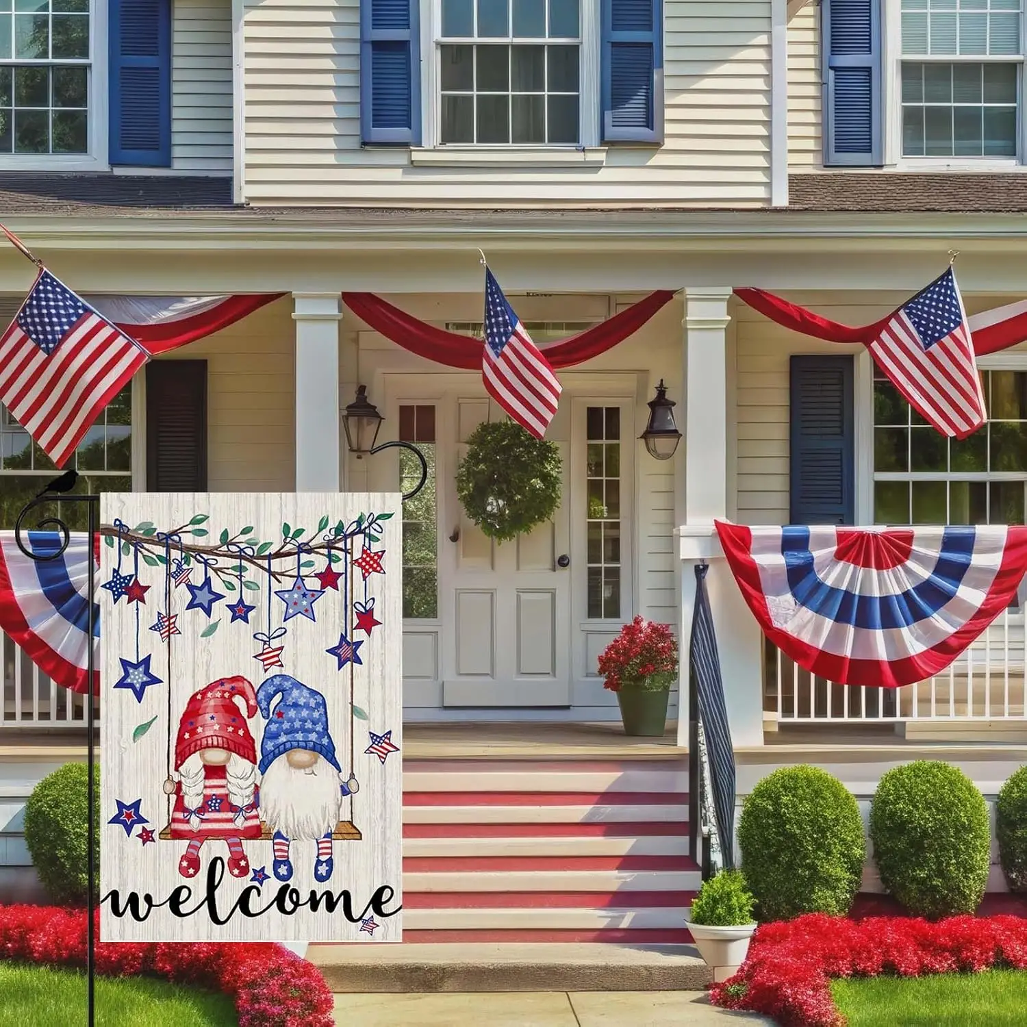 Welcome Tree Swing Gnomes Stars Patriotic America 4th of July Memorial Day Independence Day Garden Flag Yard Flag 12x18 Inch YYD