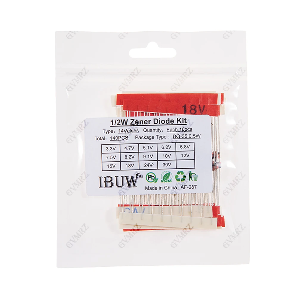 140PCS 14Values 1/2W Zener Diode Kit 3.3V-30V DO-35 0.5W for Voltage Regulation Electronic Component Projects 3.3V 15V 24V 30V 
