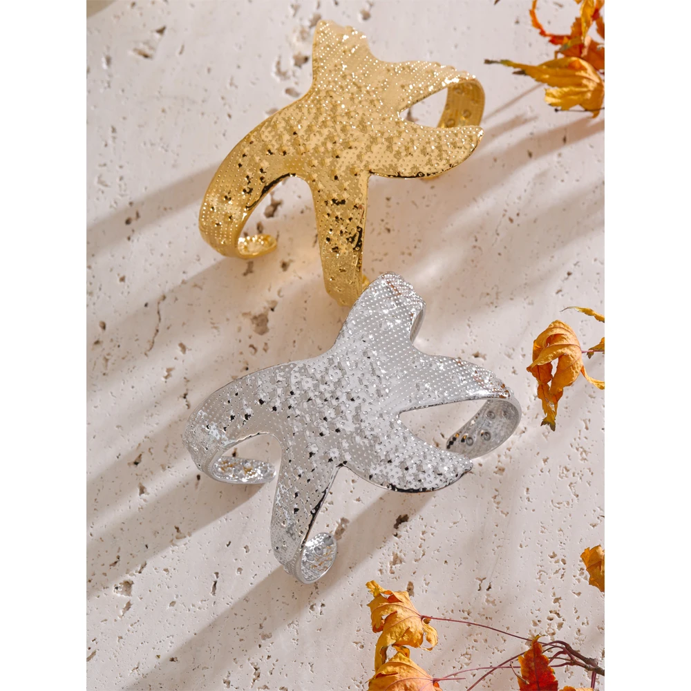 Yhpup 65mm Ocean Style Statement Starfish Cuff Wide Bracelet Bangle Metal Hammer Arrivals Stainless Steel Stylish Unique Jewelry