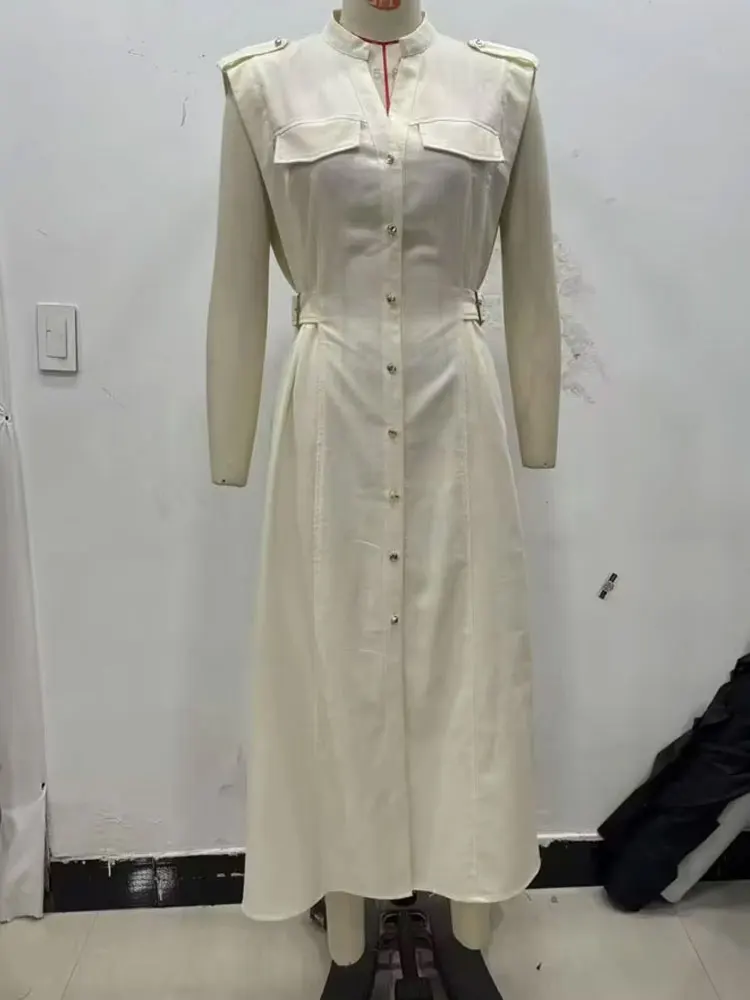 HH Dames Zomer Vintage Gezellige Linnen Midi-jurk Effen Revers Single-breasted Taille Met Zijlussen Nep Zakken Trendy Jurk