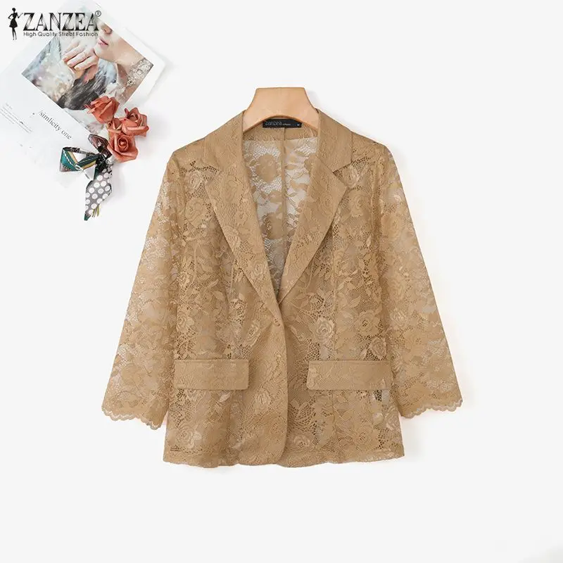 ZANZEA Fashion Lace Blazer Summer Spring 3/4 Sleeve Women Blazer OL Work Tops See-through Blazer Oversize Party Suits