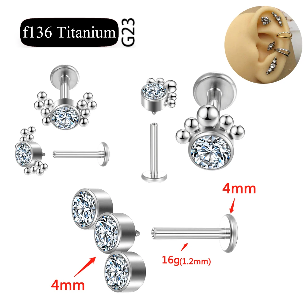 ASTM F136 Titanium Zircon Ear Stud Labret Stud Lip Ring Nasal Nail  Cartilage Helix Lobe Conch Earrings Body Piercing Jewelry