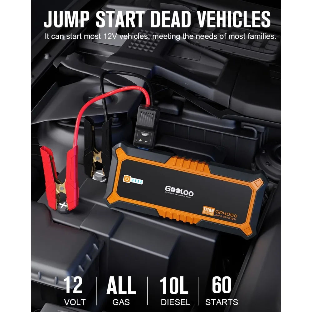 4000A Peak Car Jump Starter 12V Auto Battery Booster SuperSafe Lithium Jump Box for All Gas, Up to 10.0L Diesel Engine