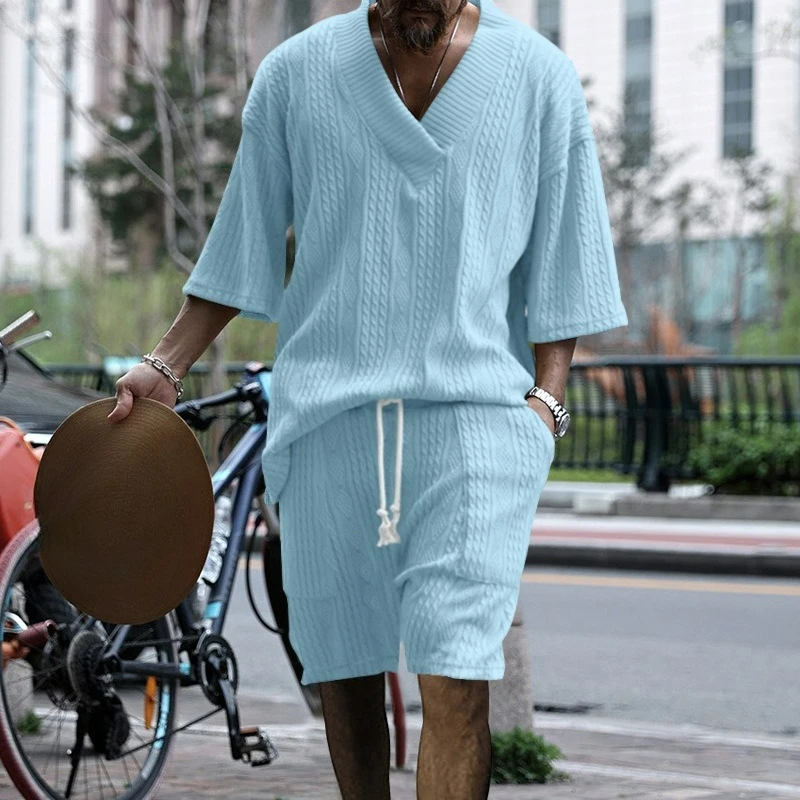 

Spring and Summer New Casual Loose Seven-quarter-sleeved Jacquard Knitted Sweater Top Shorts Men's Suit Temperament Fashion