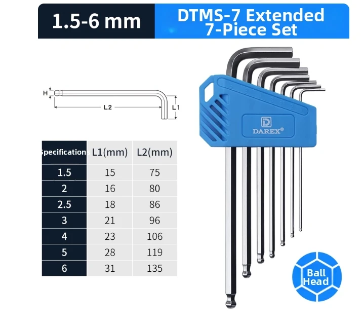 DAREX L-Type Ball Head Hex Key Set Metric & Inch Extra-Long S2 High-Hardness Hex Wrench for Tight Spaces