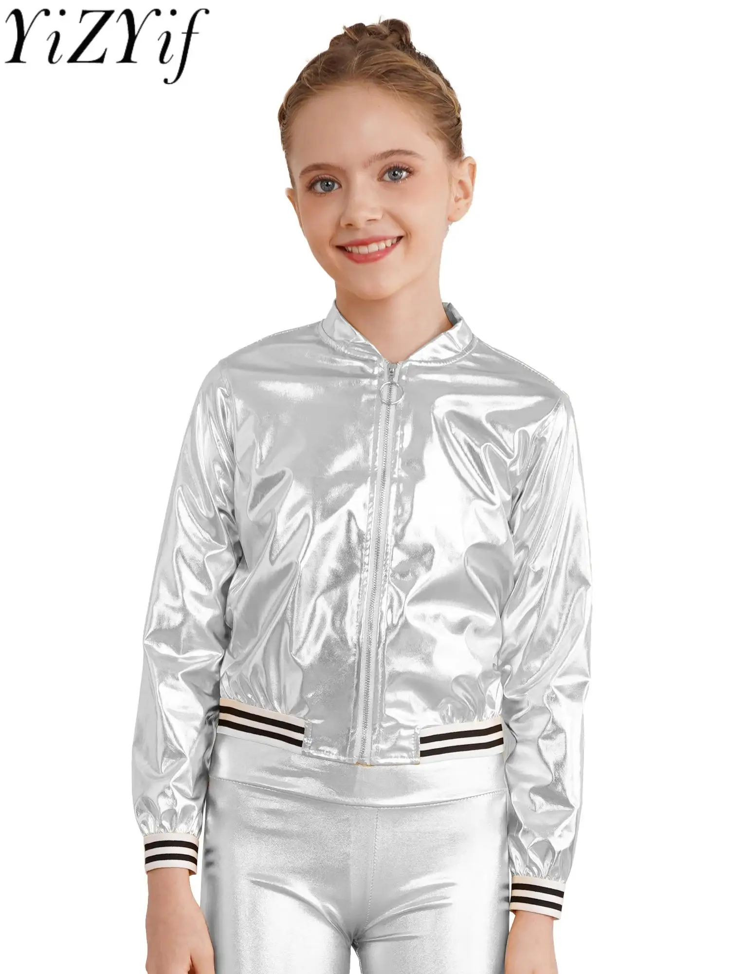 Kids Girls Shiny Metallic Zip Up Fligh Bomber Jacket Racer Coat Outerwear Long Sleeve Hip Hop Jazz Dance Coat Costume Streetwear