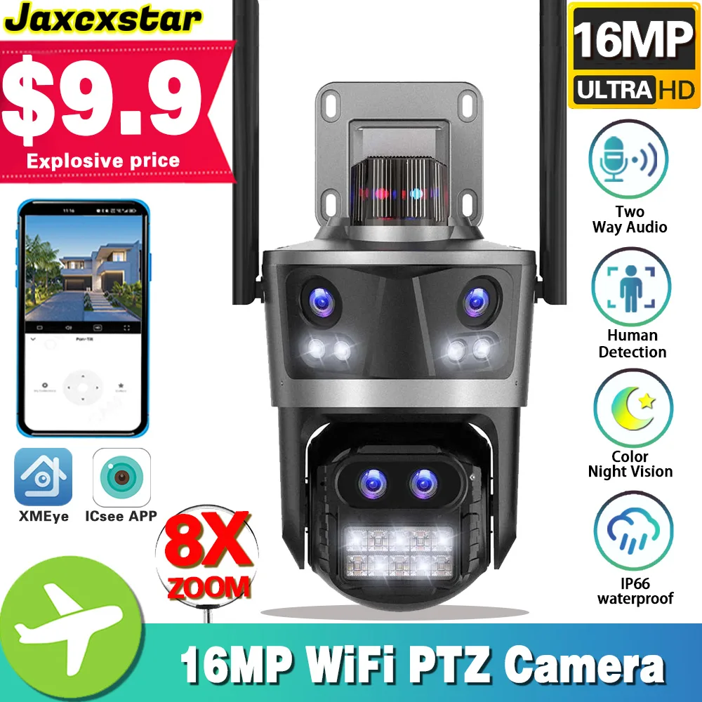 

16MP 8K WiFi IP Camera Outdoor Weatherproof Four Lens Four Screen Security Auto Tracking 8X Zoom CCTV ICsee Surveillance PTZ Cam