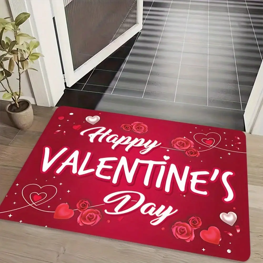 1pc Premium Flannel Valentine'S Day Happy Heart Pattern Holiday Door, Non-Slip And Washable Living Room, Bedroom, Home Decor, Washable Fade-Resistant, Multiple