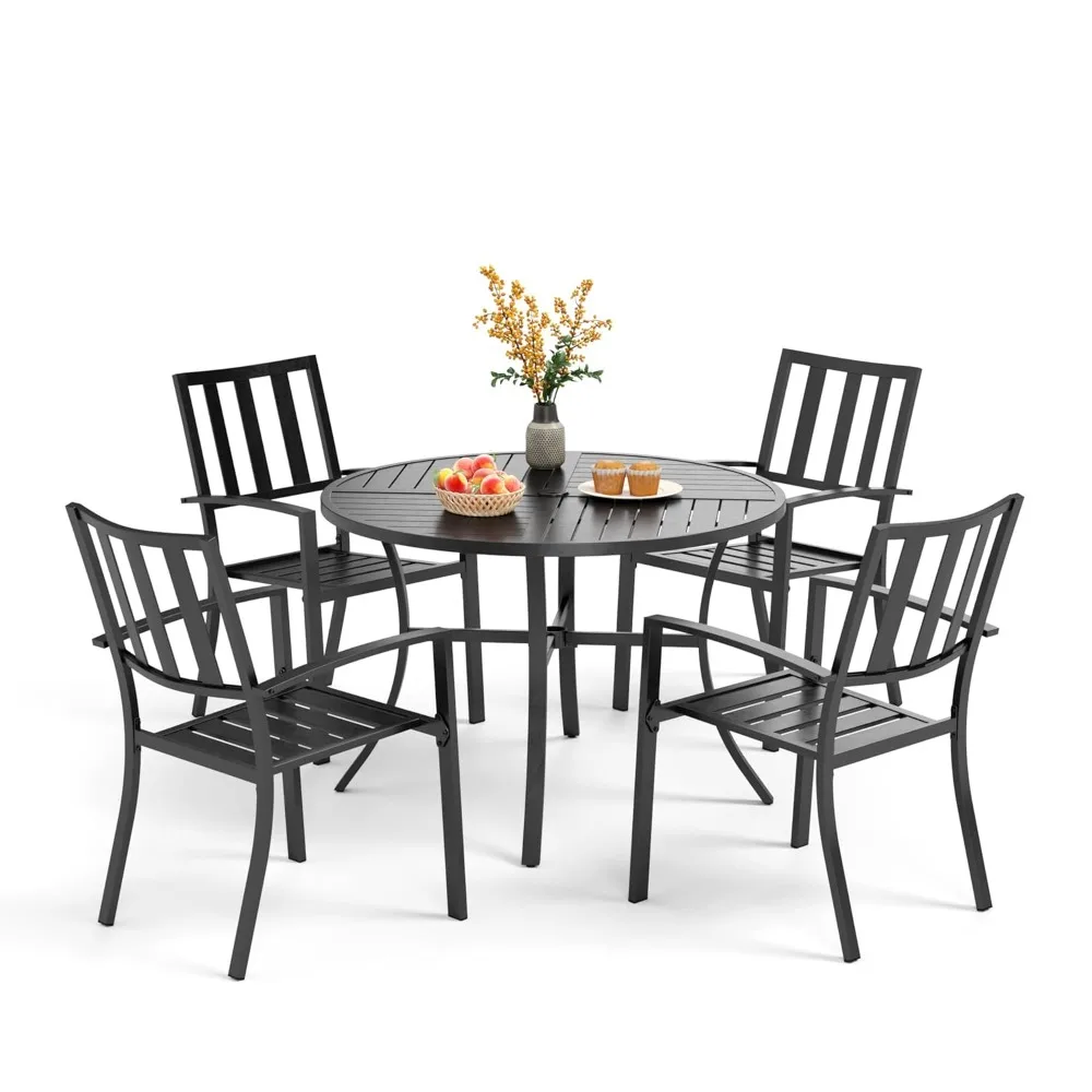 

5 Piece Outdoor Dining Table Set for 4, 42” Round Steel Dining Table with Umbrella Hole & 4 Black Stacking Metal, Customized