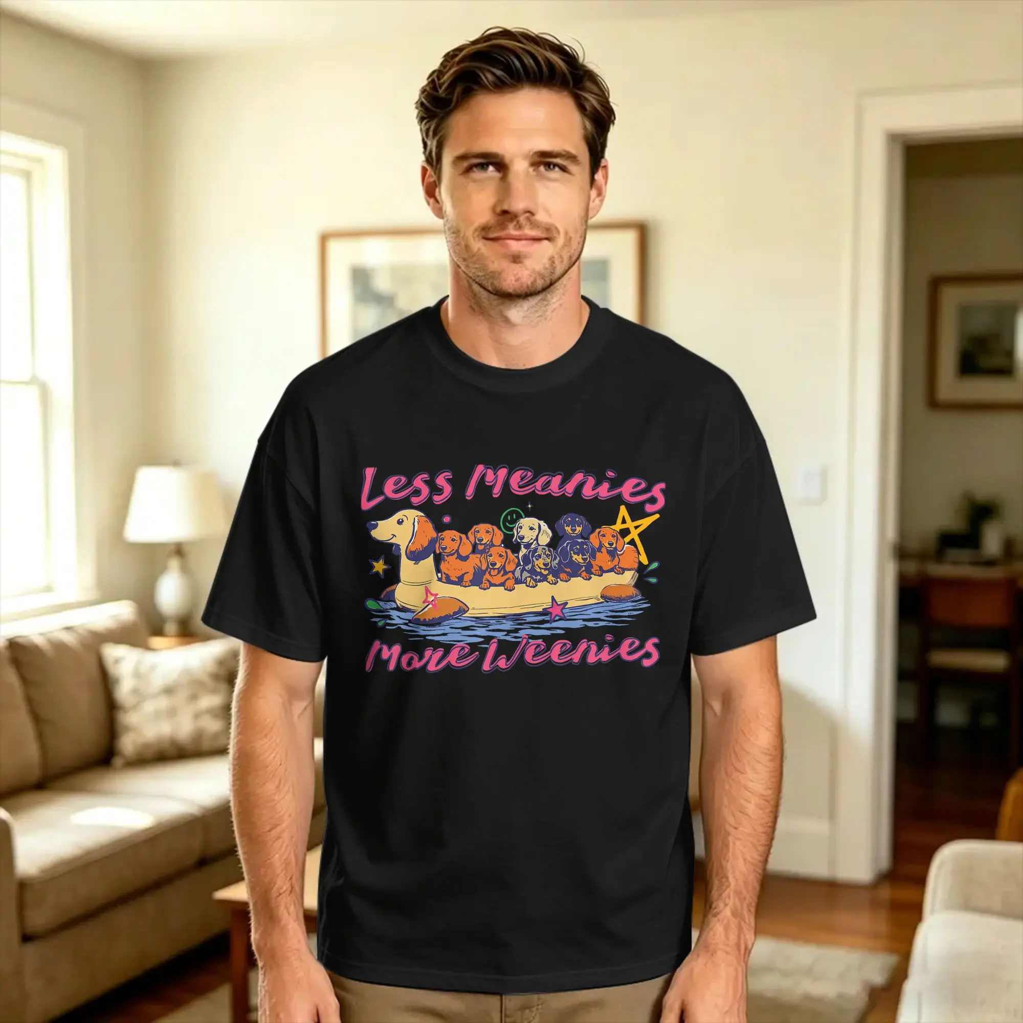 Vintage T Shirt Less Meanies More Weenies Cute Dachshund Pool Float Dog 100 Cotton T Shirts  Hippie Tee Shirt for Men Summer
