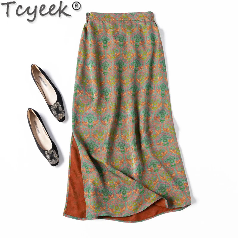 

Tcyeek 100% Real Mulberry Silk Skirts for Woman 2024 Spring Summer Clothes Women's Elegant Skirts Split Long Skirt Saia Feminina