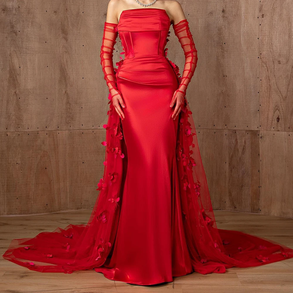 Temperament Panel Train Pleats Appliques Detachable Sleeves Evening Dresses Exquisite Red Straight Strapless Satin Party Gowns