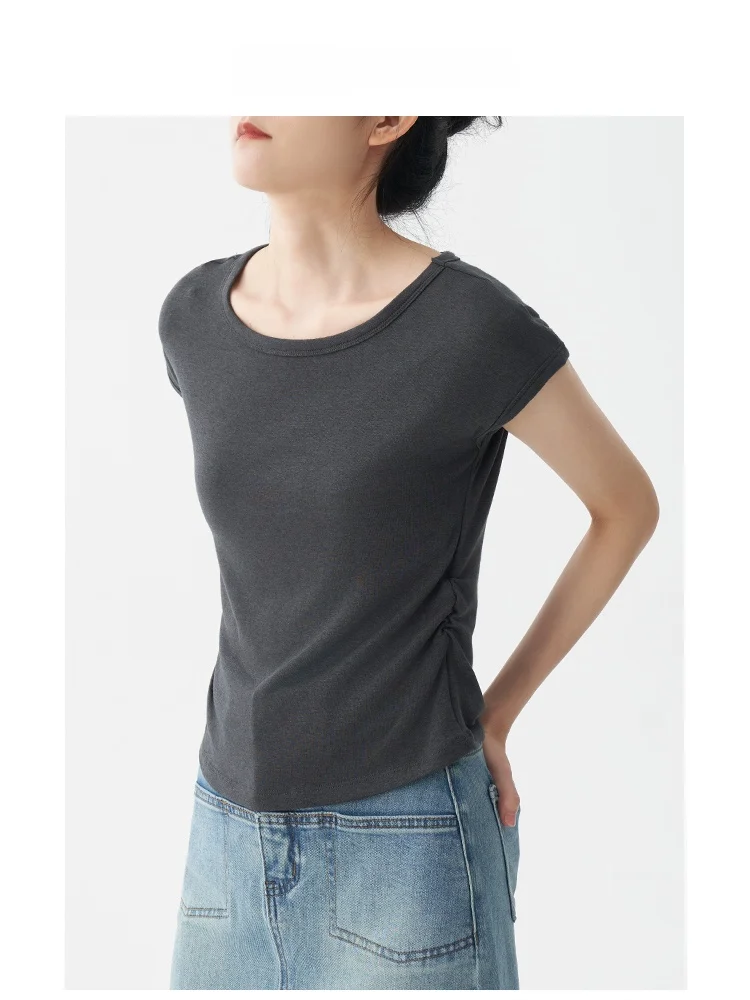 

VDH Studio Summer Pleated Waist ort Sve T-irt Women Commute Slim Fit Wool Lyocell Base ort Top OL Sle round Ne