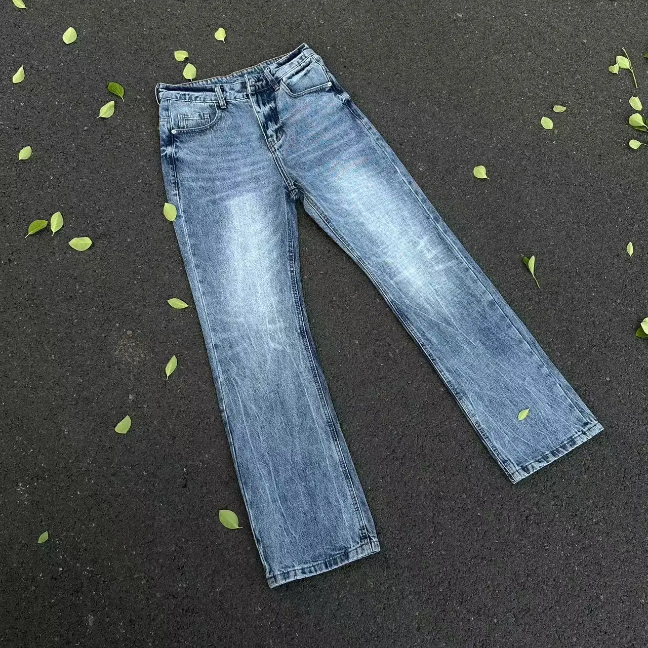 Men's Fall Lightning Ripple Ice Blue Jeans Autumn Street Style Cowboy Trousers High Waisted Wide Leg Male Denim Pants