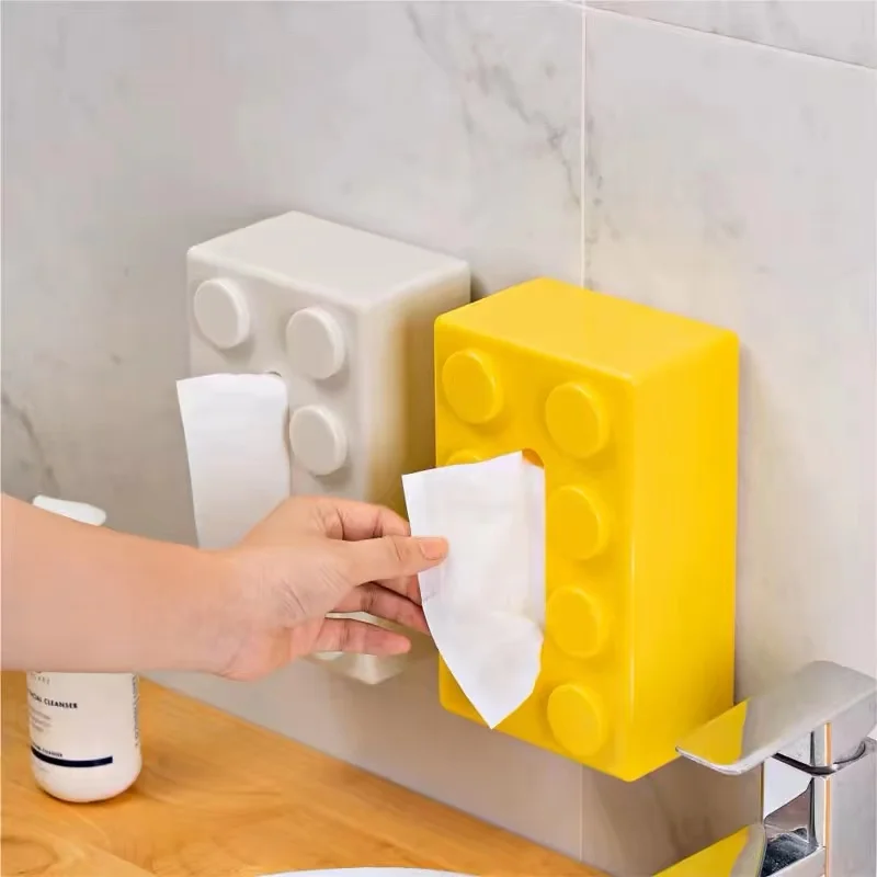 

Wall-mounted Creative Building Blocks Tissue Box Perforation-free Paper Holder Spring Bathroom Face Towel Box Organizer