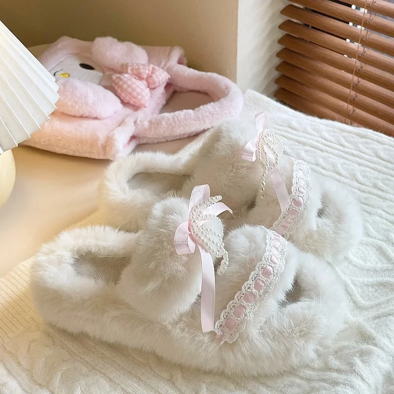 Cute Fluffy Slippers Women Winter Pink Bow Bead String Decoration Home Slippers for Sweet Girls Cozy Fuzzy Indoor Shoes