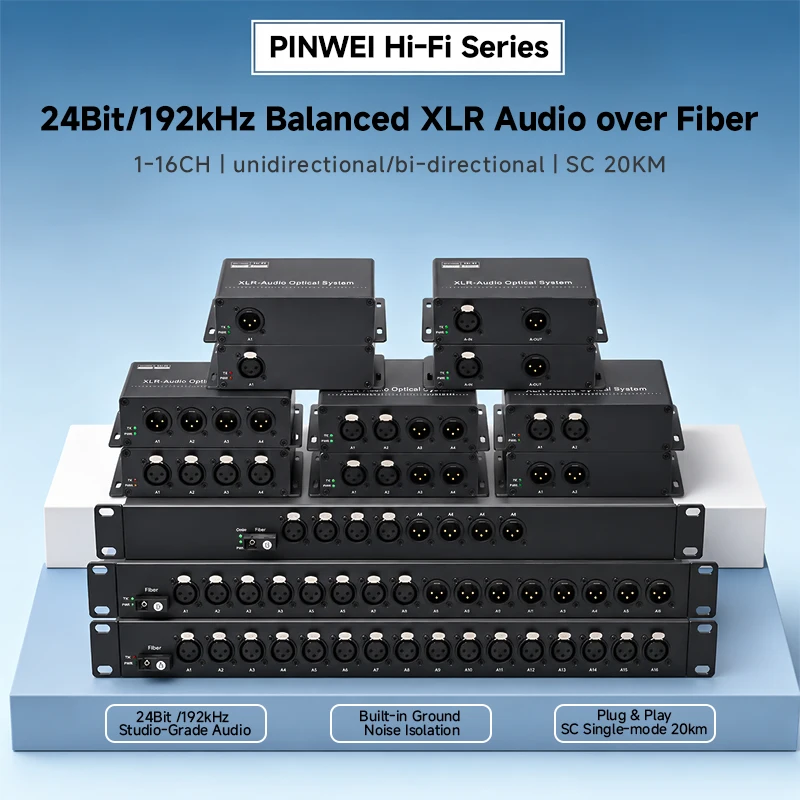 24Bit Hi-Fi 16CH Balanced XLR Audio to Fiber Converter with Noise Isolation Unidirectional XLR Audio Over Fiber 20KM Rack Mount