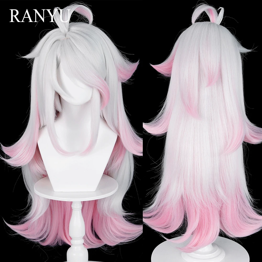 合成ロングストレートピンクオンブレホワイトウィッグ前髪付きふわふわアニメゲームコスプレウィッグ耐熱性日常パーティー用