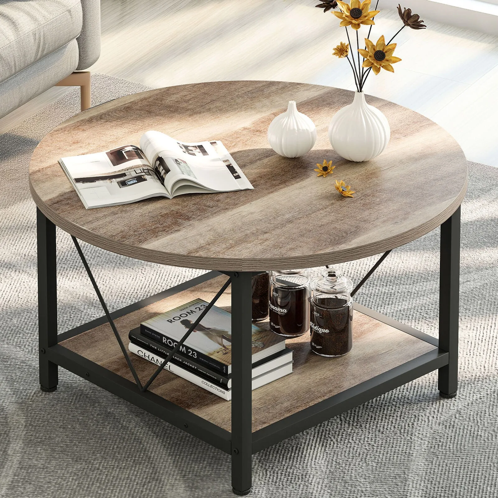 

Round Coffee Table Rustic Circle Sofa Table with Storage Shelf for Living Room United States