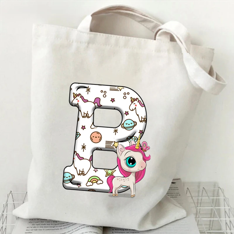 Woman’s Unicorn Alphabet White Print Tote Bag Harajuku Shopping Bags Unisex Cartoon Style Cute Unicorn Shopper Shoulder Bag