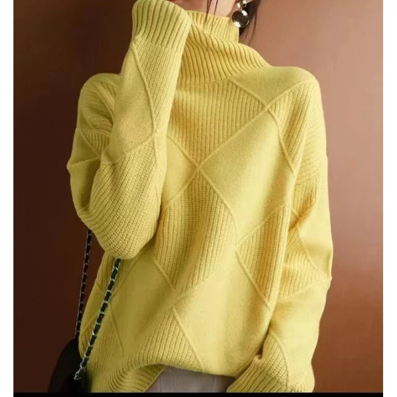 2024Autunno e inverno-Border Trendy Fashion Lattice Texture liscia Pullover tinta unita Giallo Kaki