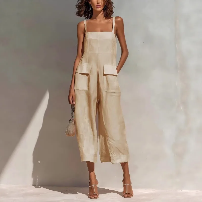 

Vintage Summer Loose Fitting Cotton and Linen Jumpsuit with Suspender Straps Sleeveless Backless Jumpsuit with Cropped Pants