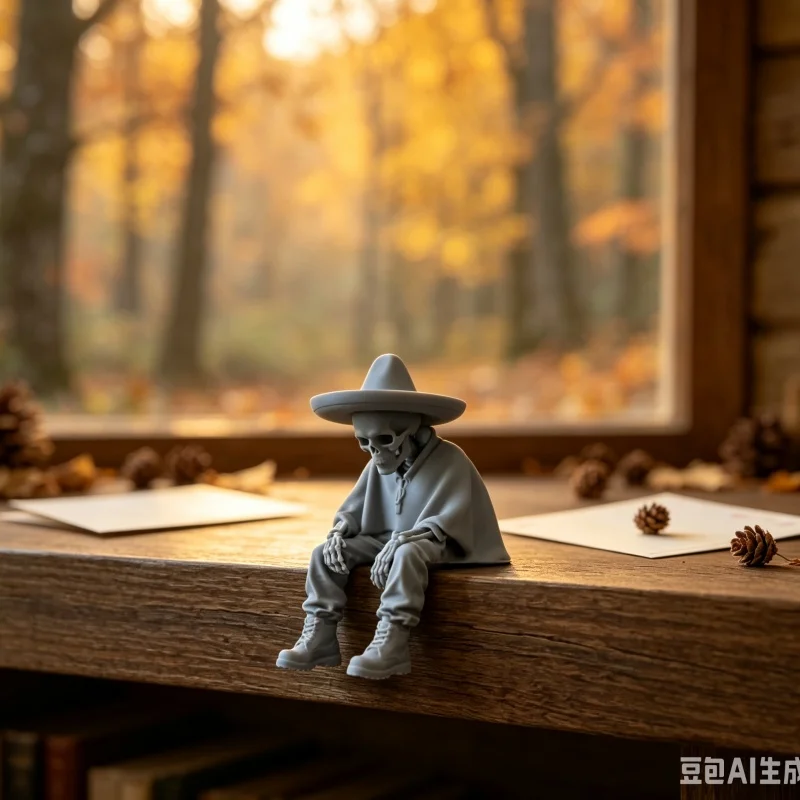 Gothic Mexican Hat Skull Statue 3D Printed Plastic Skeleton Sitting Figurine Shelf Edge Sitter Halloween Home Bookcase Decor